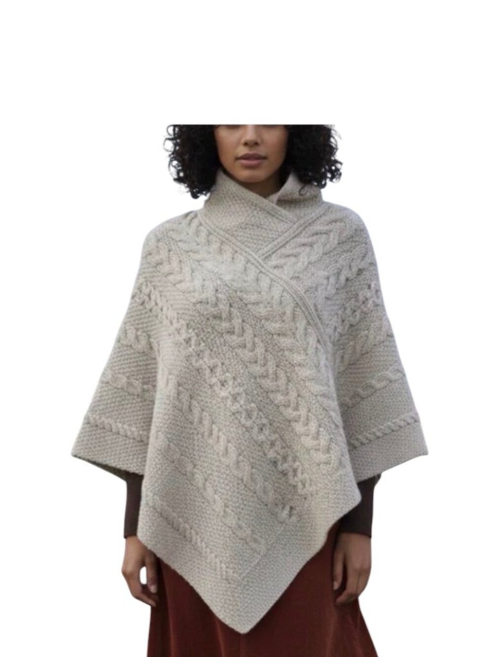 Aran Crafts Irish Cable Knit Merino Wool Poncho, Natural, S/M